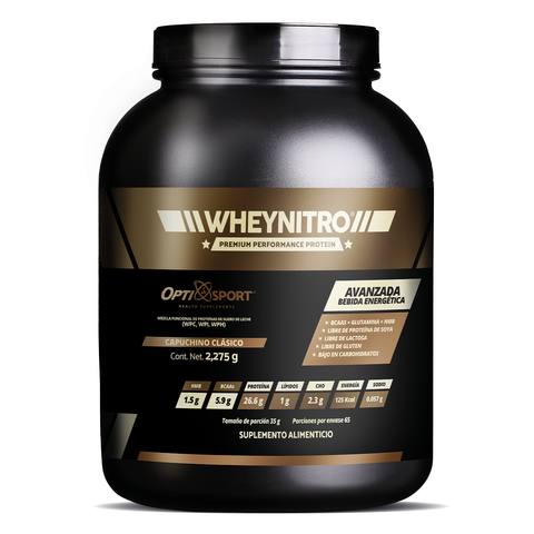 WHEYNITRO Proteína de Suero + HMB + BCAAs | 65 servicios Bote 2275 grs | Sabor Capuchino