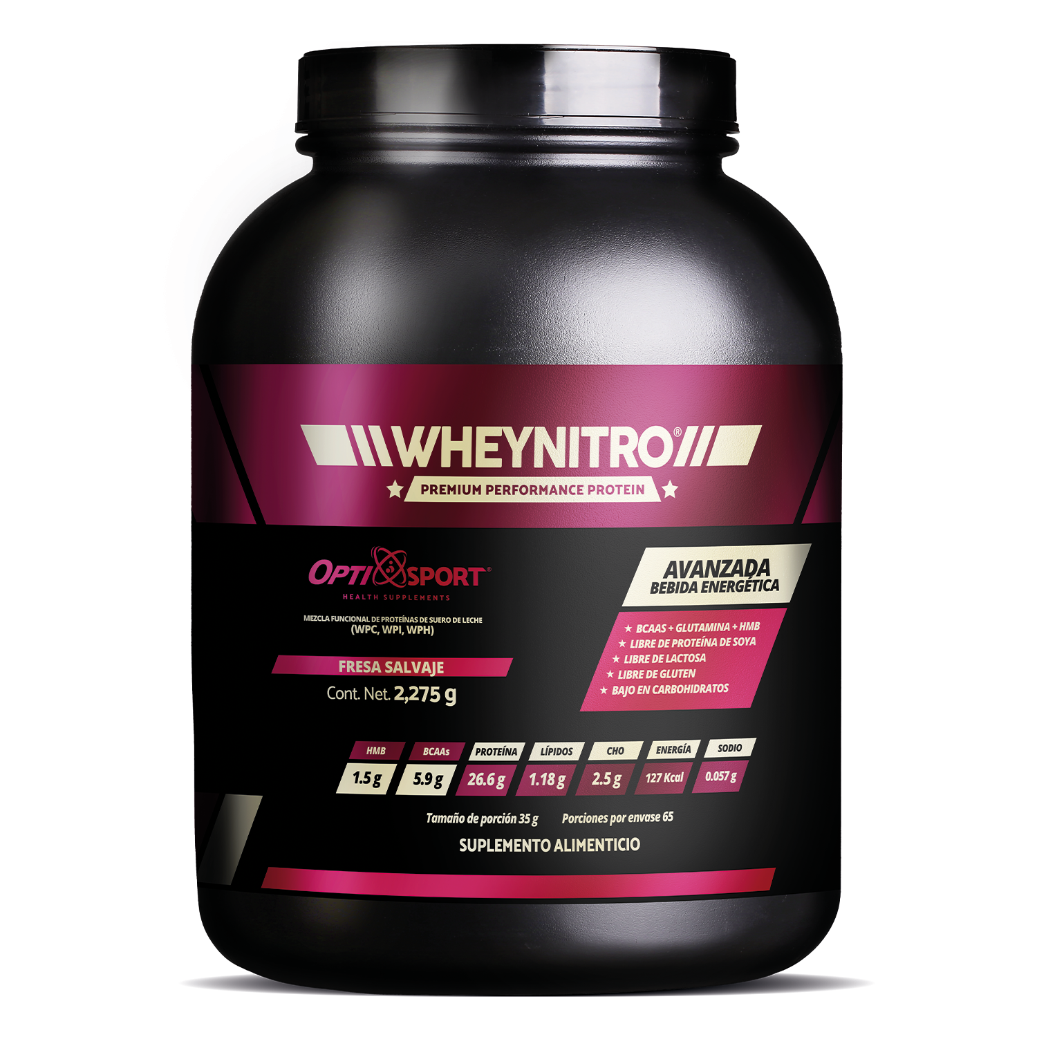 WHEYNITRO Proteína de Suero + HMB + BCAAs | 65 servicios Bote 2275 grs | Sabor Fresa