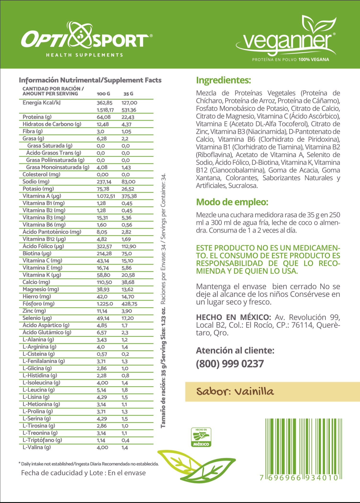 VEGANNER Proteína Vegetal (Vegana) Sabor Vainilla 1.2Kg