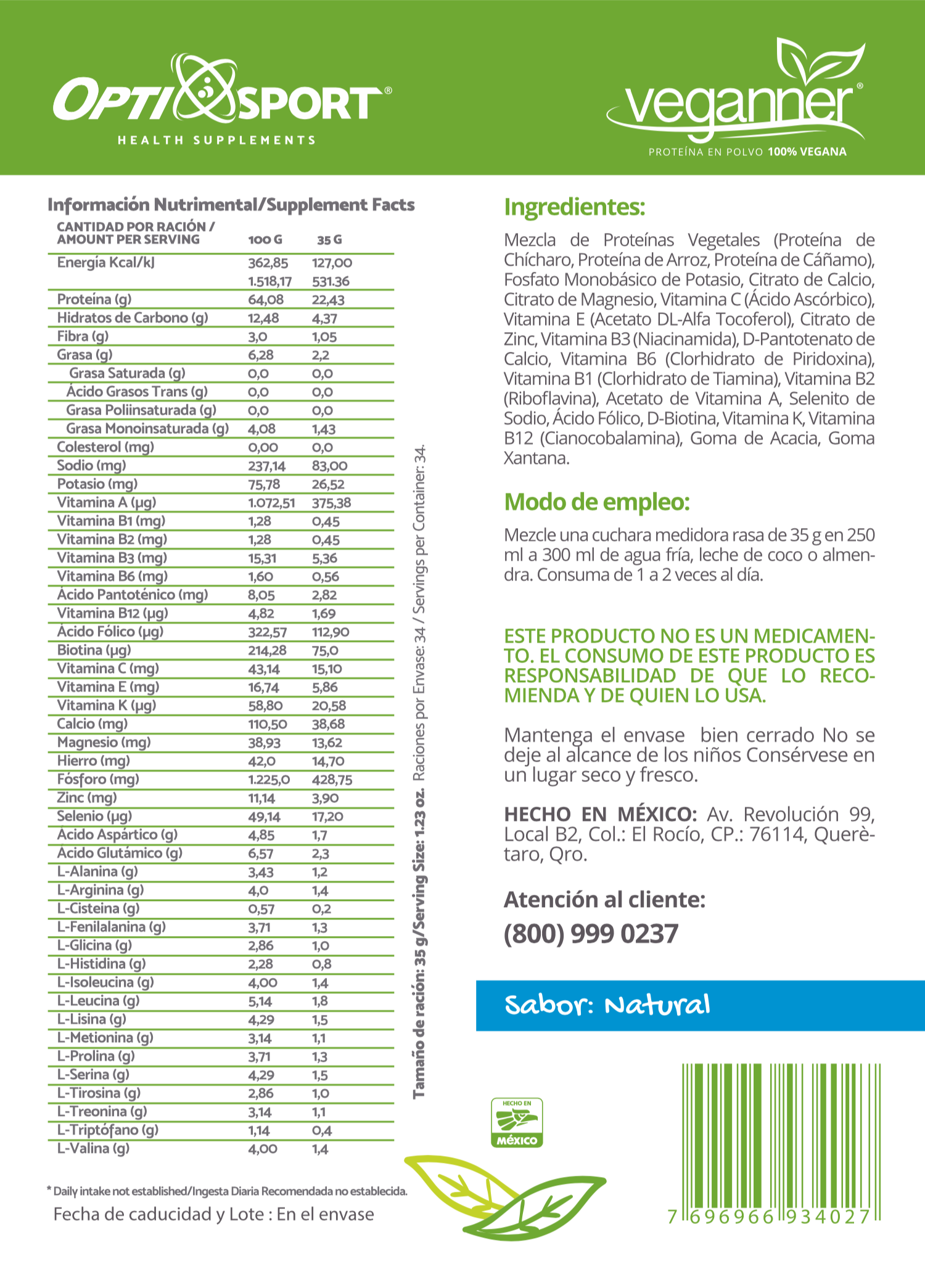 VEGANNER Proteína Vegetal Vegana 1200 grs. Sabor Natural